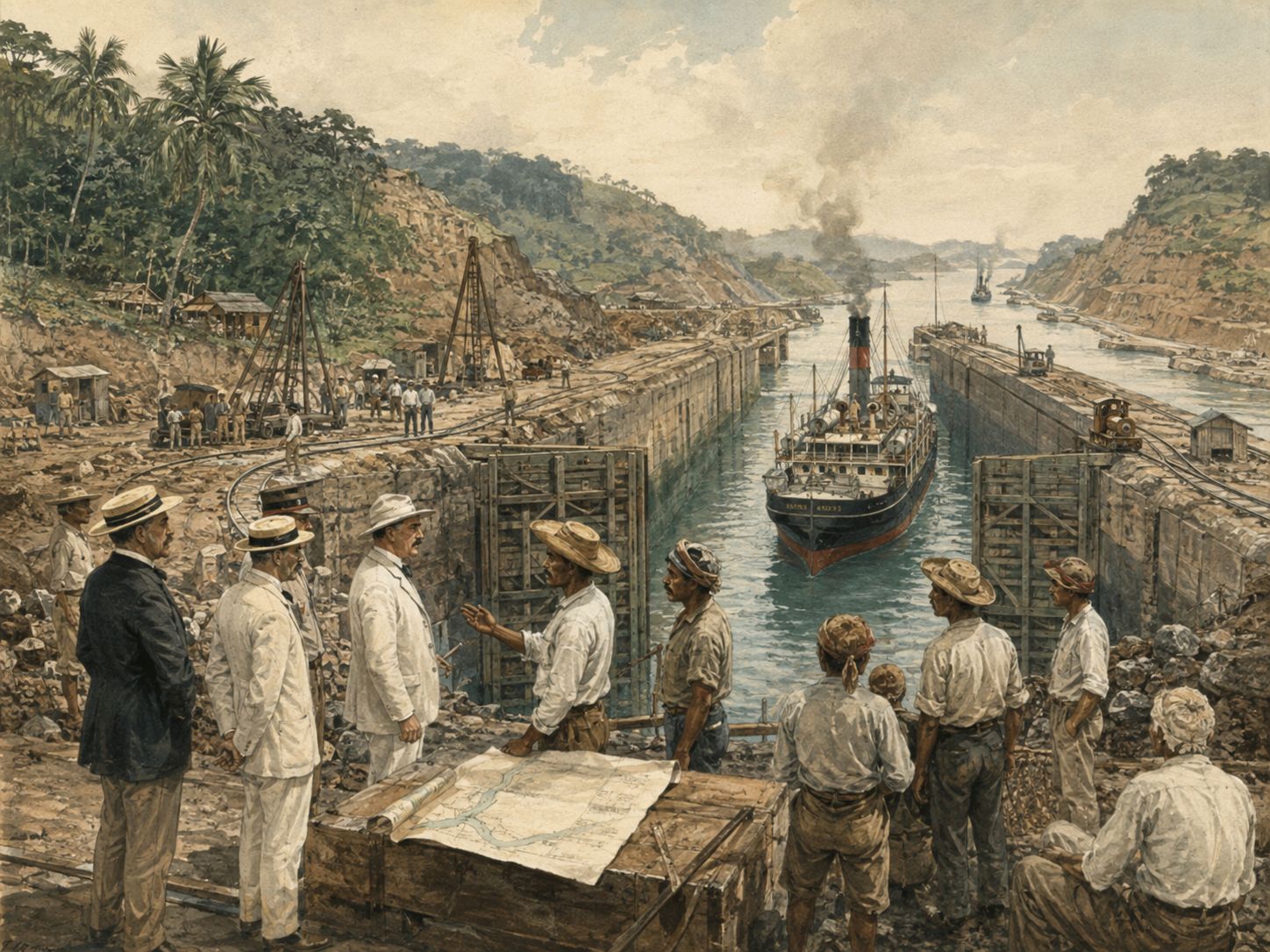 Engineers and workers check a ship passage and water level at a Panama Canal lock