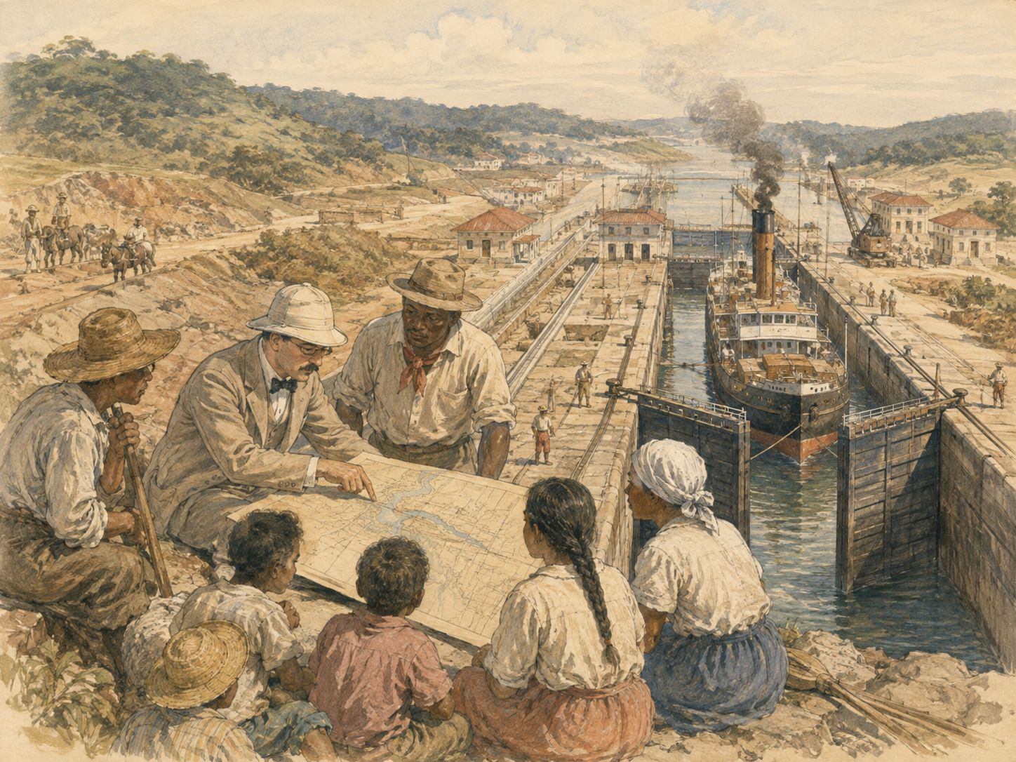 People explain the canal route across the Isthmus of Panama with a map