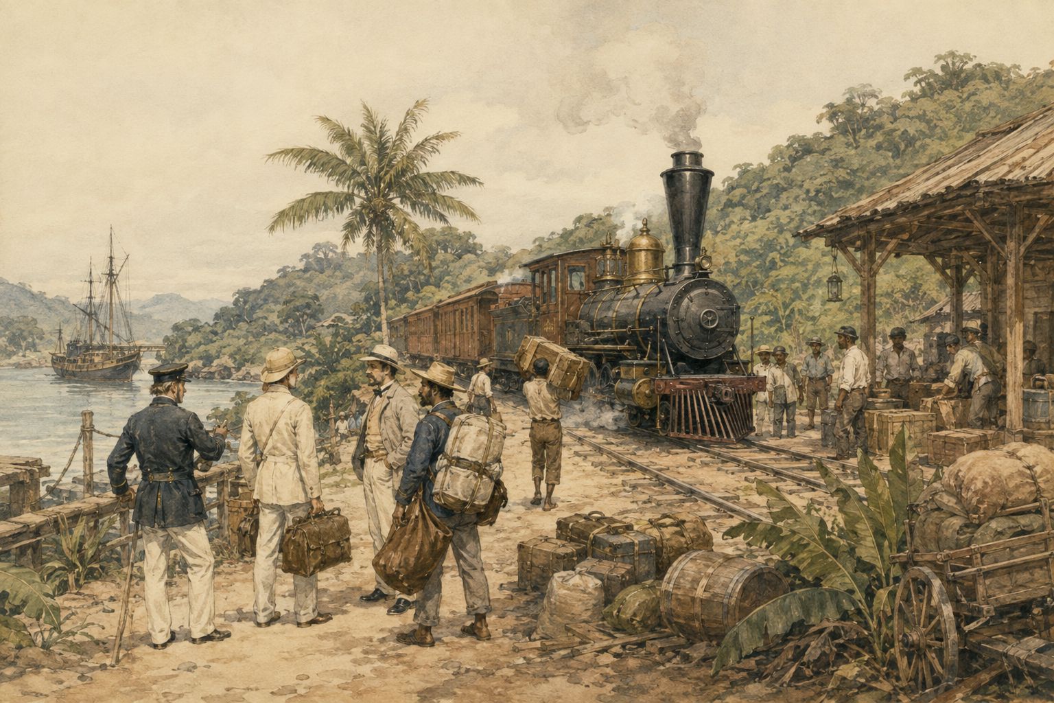 Historical reconstruction of “Railway construction begins” in Opening of the Panama Railway