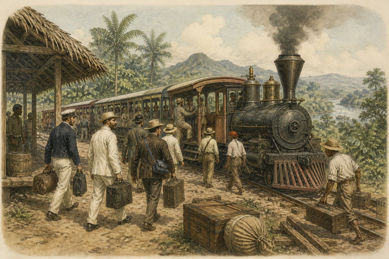 Historical reconstruction of “First train crosses the isthmus” in Opening of the Panama Railway