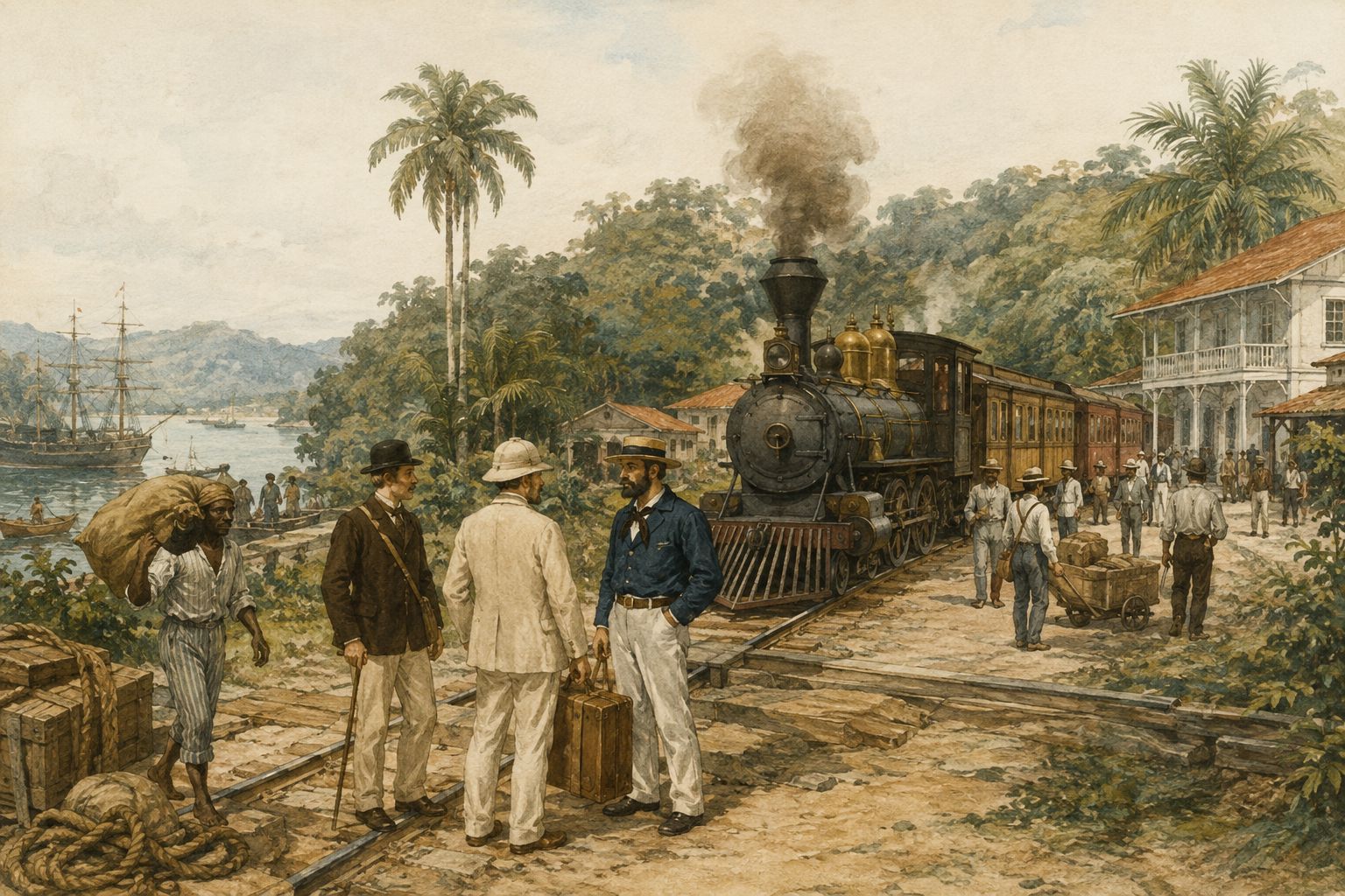 Historical reconstruction of “Panama Canal opens beside the railway” in Opening of the Panama Railway