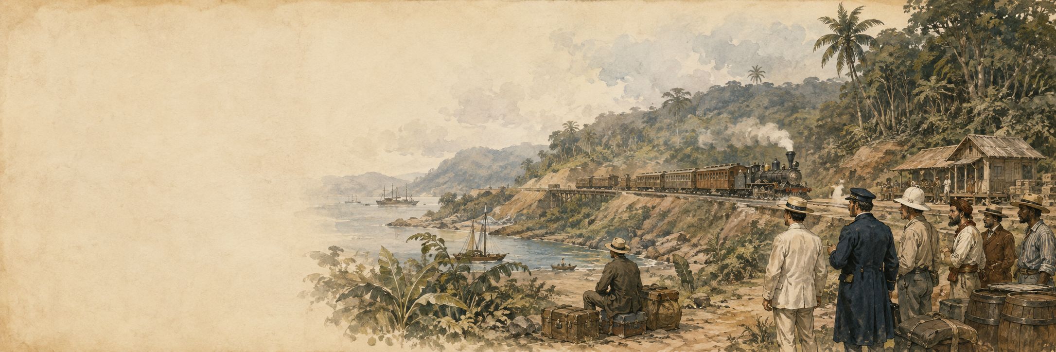 A historical reconstruction of Sailors, travelers, and railway workers coordinate operations and cargo beside a steam locomotive at the Isthmus of Panama, showing the setting of Opening of the Panama Railway