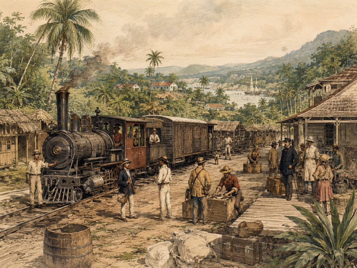 Historical reconstruction of Opening of the Panama Railway's background: In and around the Isthmus of Panama, the setting took shape as A railway across the Isthmus of Panama reduced travel time for people, mail, and cargo between the Atlantic and Pacific coasts.
