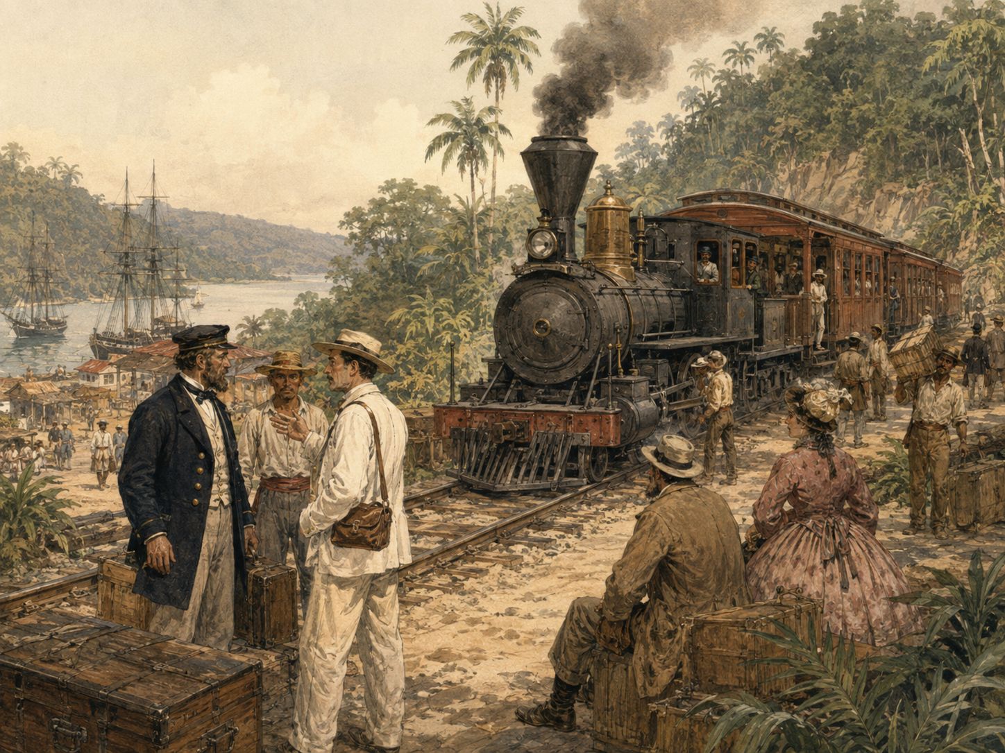 Historical reconstruction of Opening of the Panama Railway's central action: A railway across the Isthmus of Panama reduced travel time for people, mail, and cargo between the Atlantic and Pacific coasts.