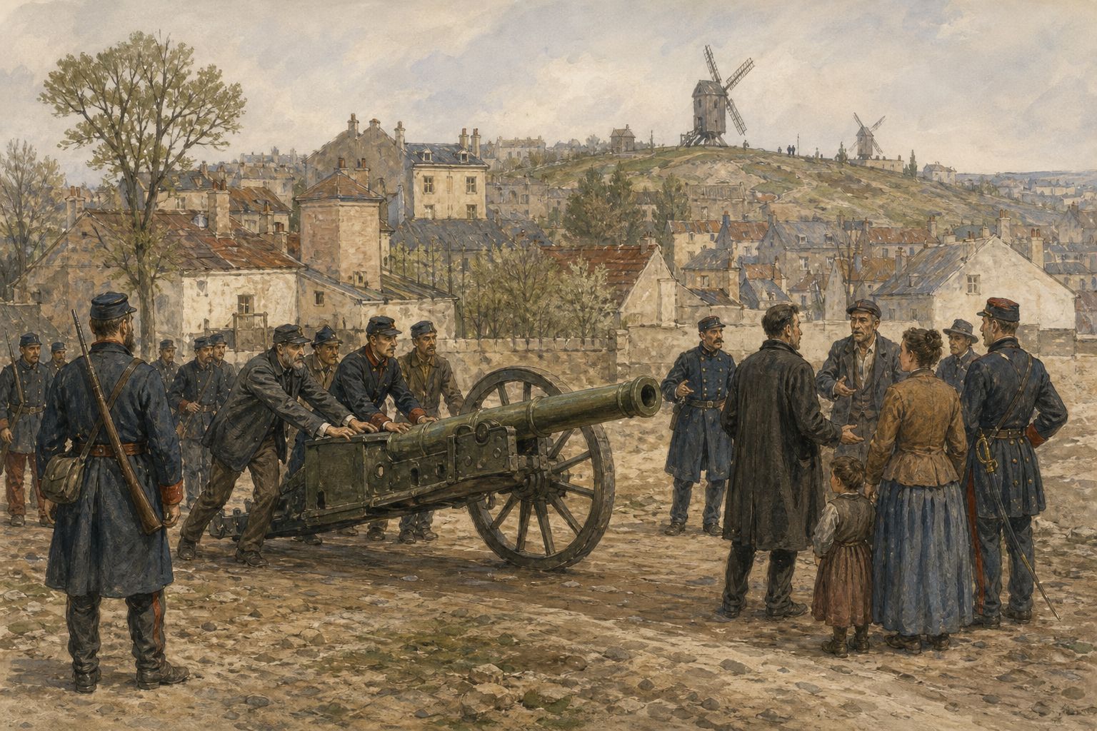 Residents and soldiers negotiate while moving a cannon on Montmartre in March 1871