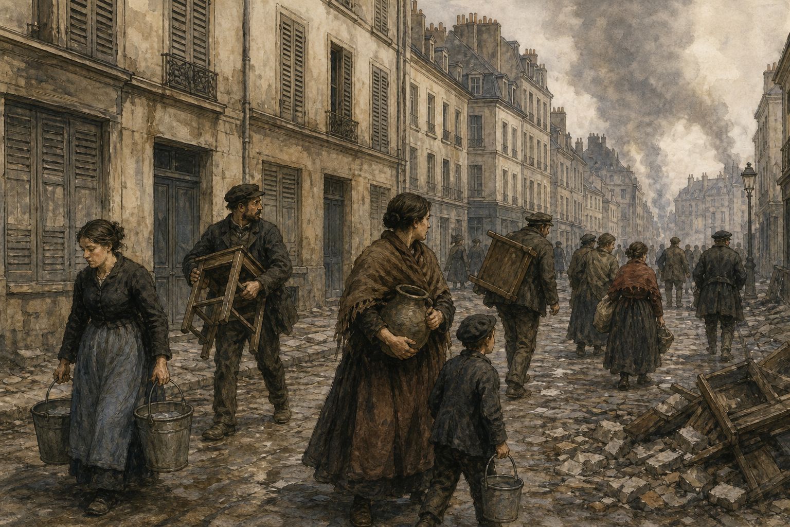 Civilians carry water and furniture through a smoke-hazed Paris street after the fighting in late May 1871
