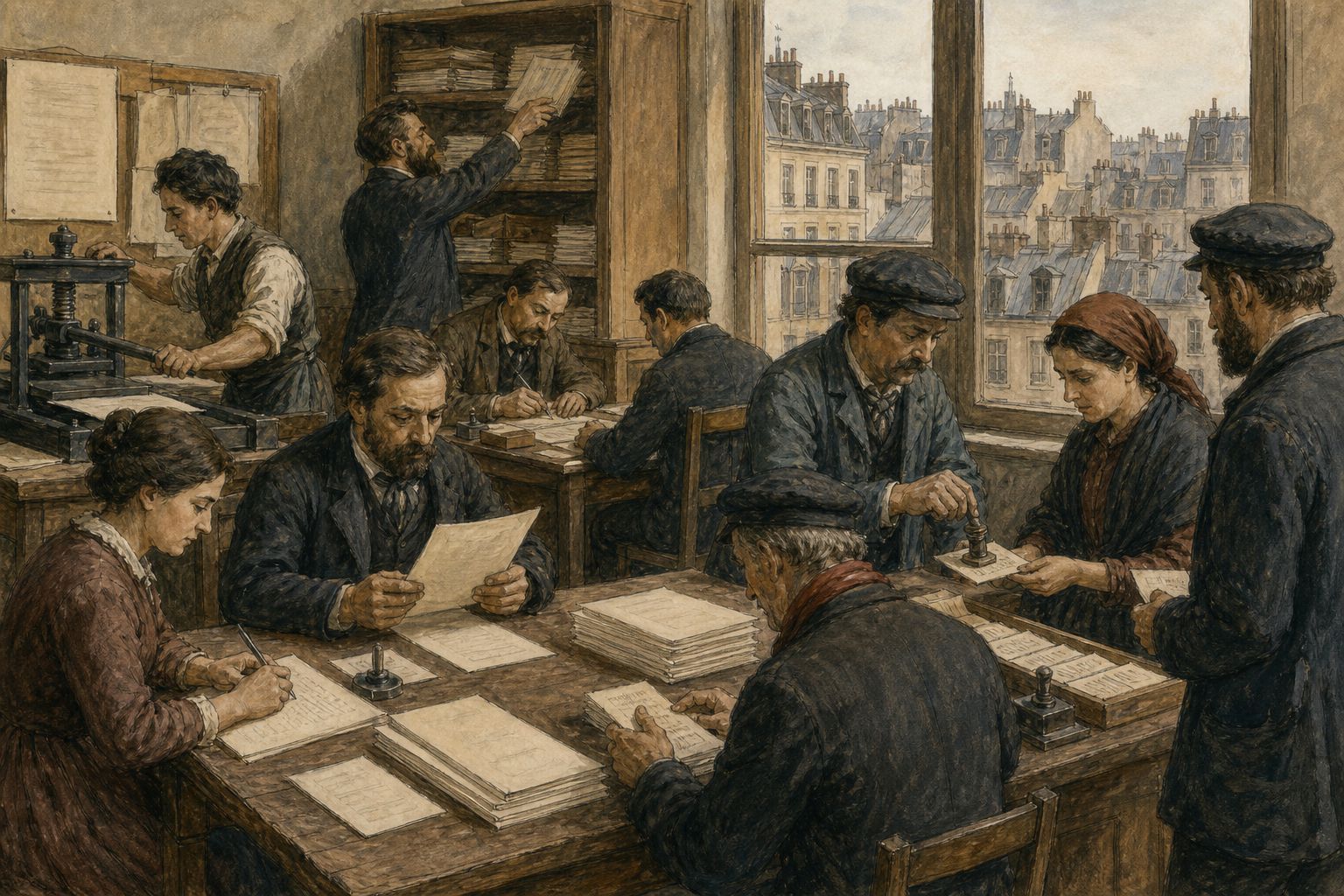 Clerks and printers sort blank municipal papers and food tickets inside a Commune office
