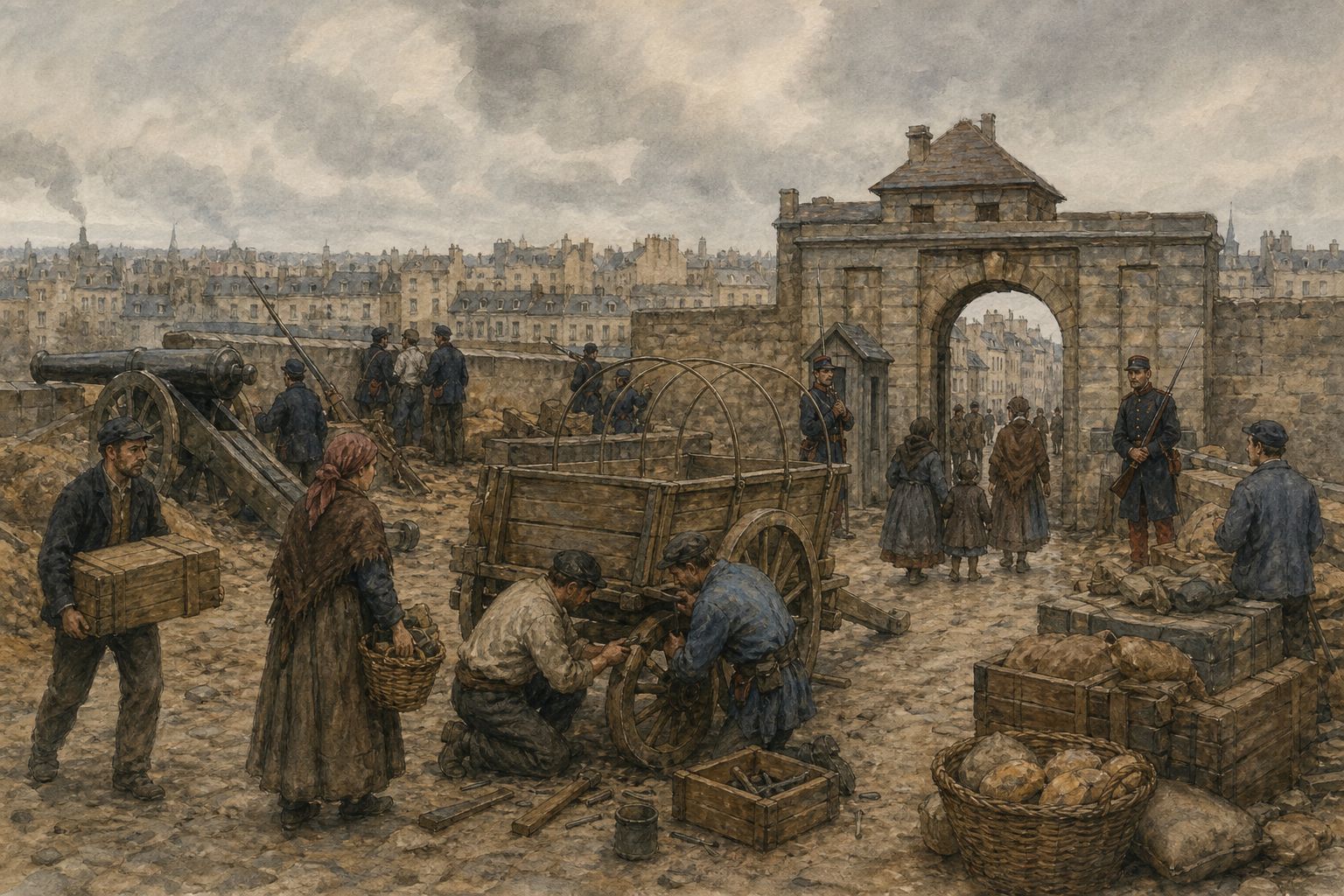 Civilians repair a ration cart and artillery beside a guarded Paris gate during the 1871 siege