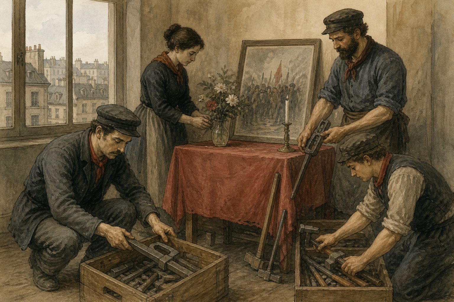 Workers arrange preserved tools around a modest memorial table in a Paris room after 1871