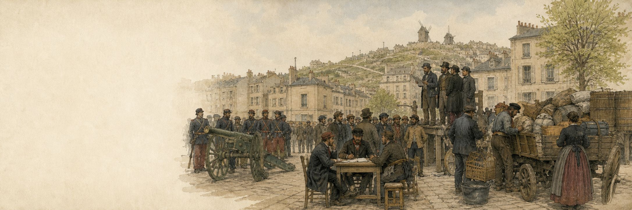 Delegates, National Guard members, cannon, and supply carts organize civic life in Paris in 1871
