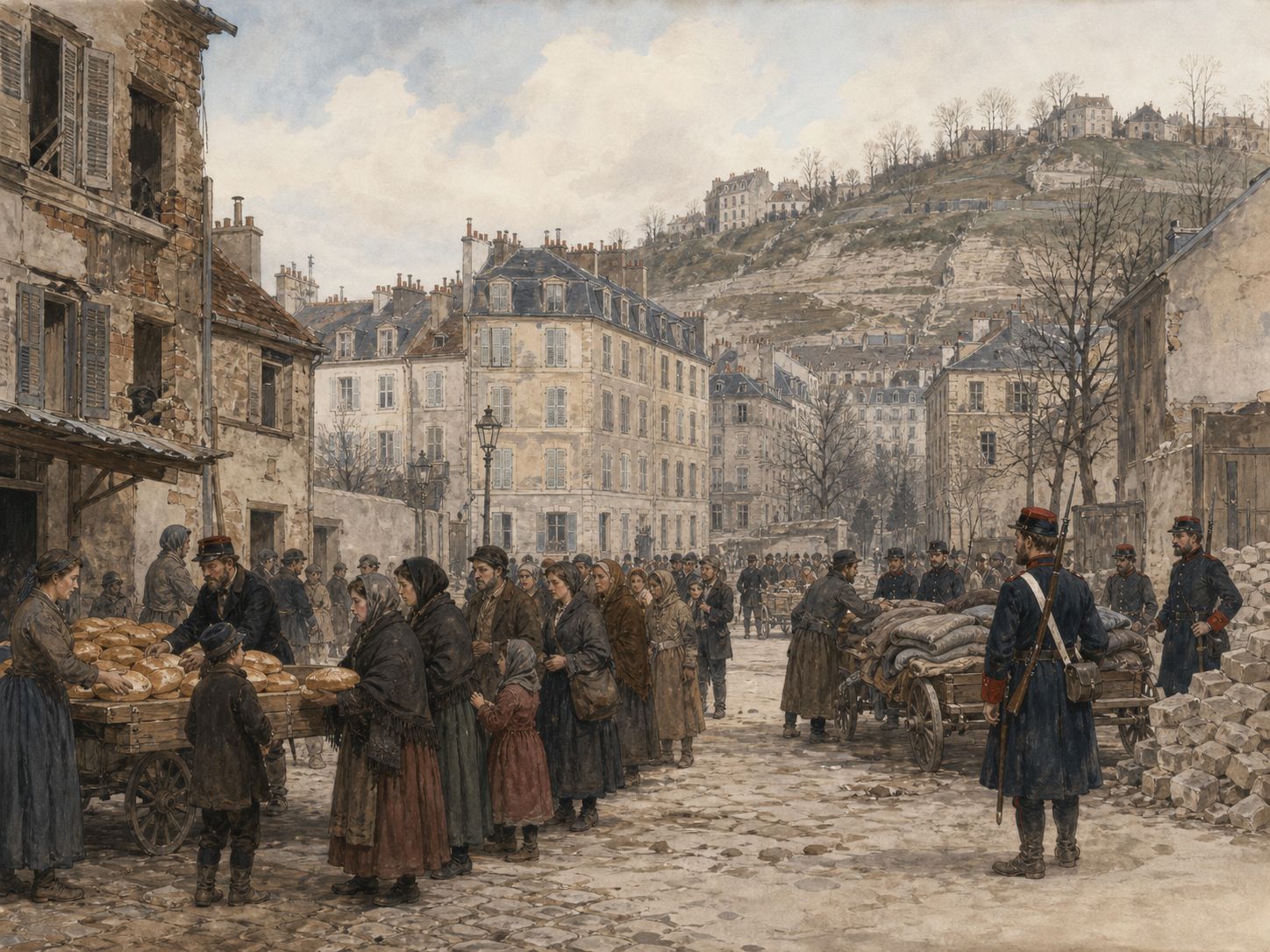 Citizens queue for bread and blankets beside National Guard posts in Paris after the siege