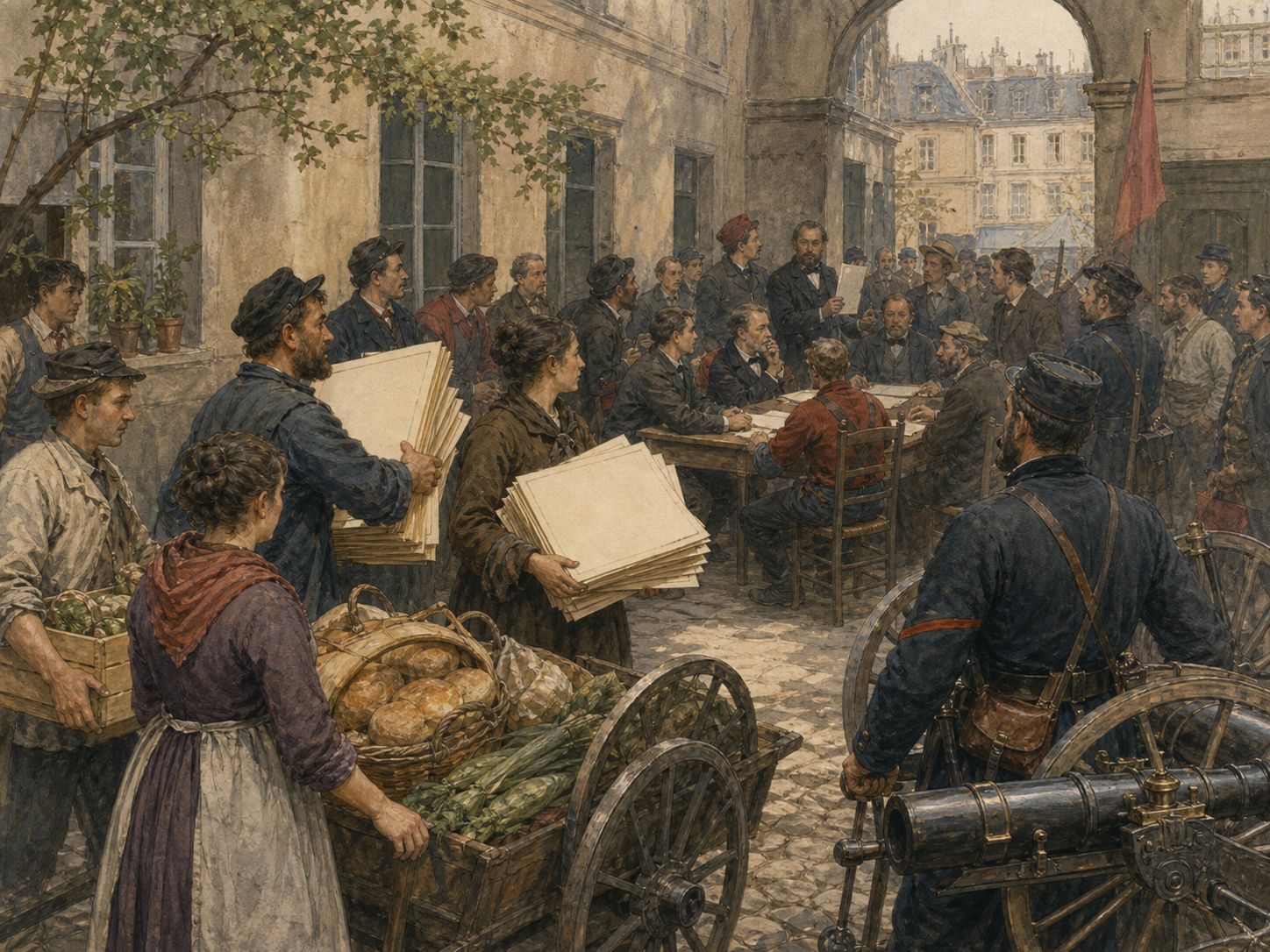 Delegates, printers, guards, and residents discuss self-government around blank decrees and provisions in a Paris courtyard