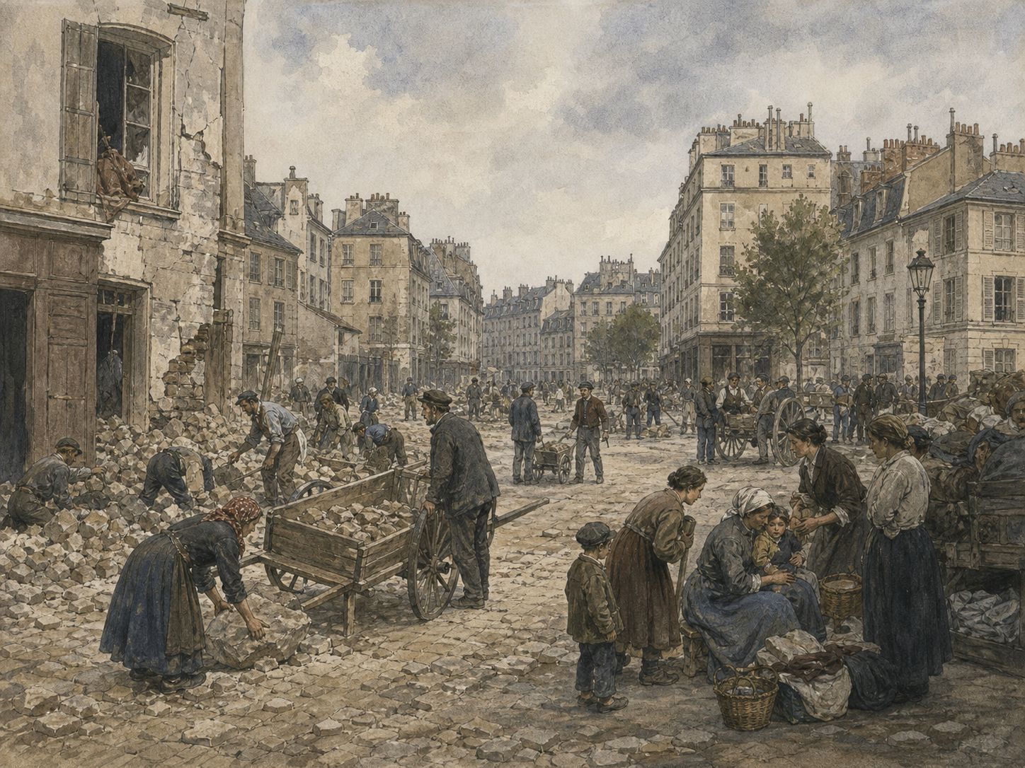 Civilians clear rubble and help displaced neighbors with carts in a damaged Paris street