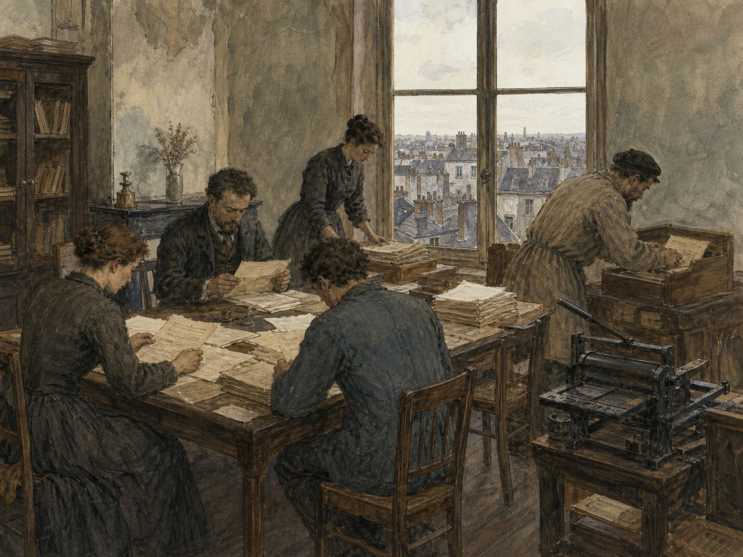 Workers preserve printing tools and papers in a Paris room as people carry the Commune's memory forward