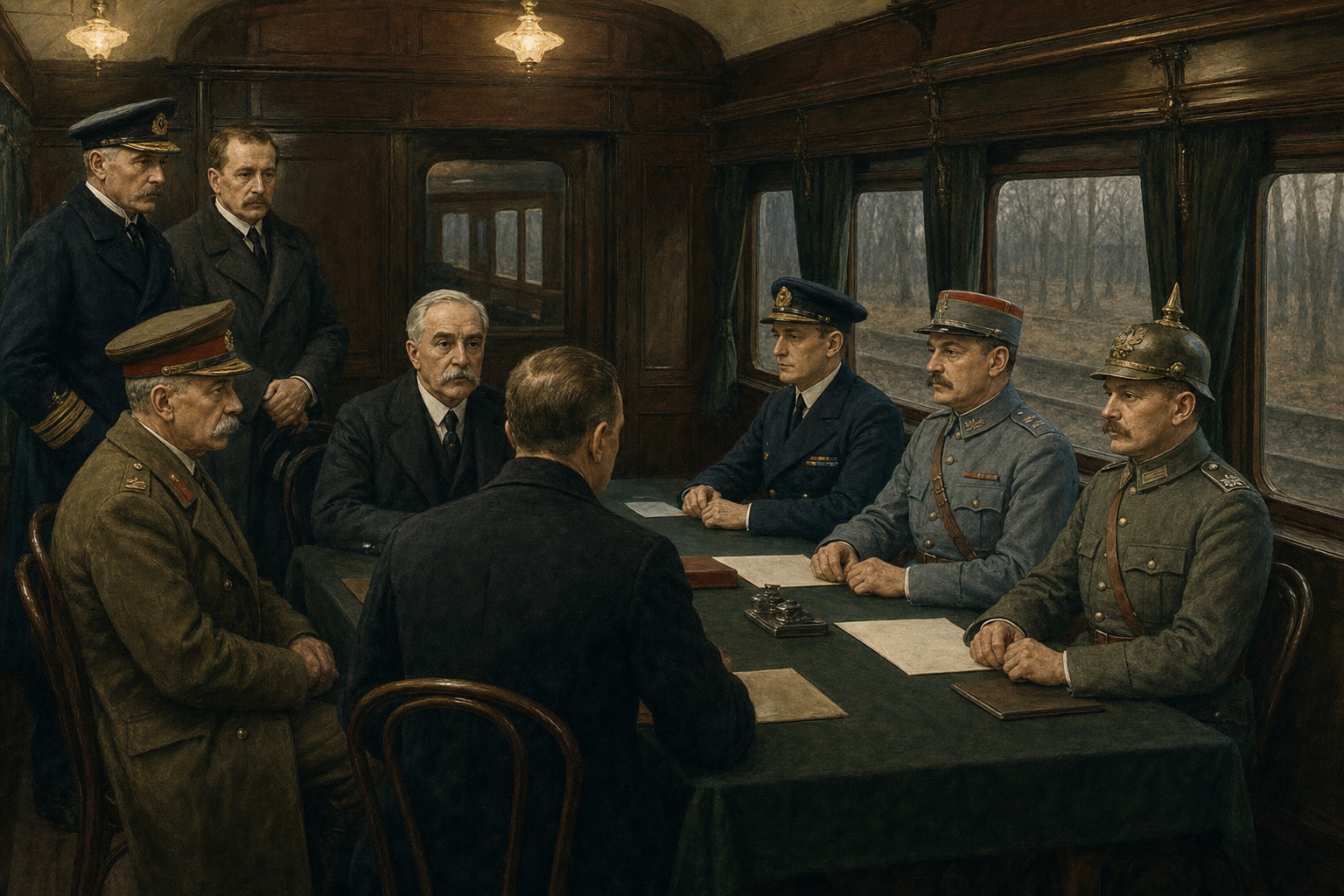 Allied and German delegates facing one another inside the armistice railway carriage