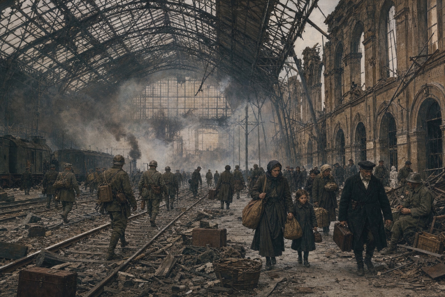Soldiers and civilians crossing a railway terminal shattered during the First World War