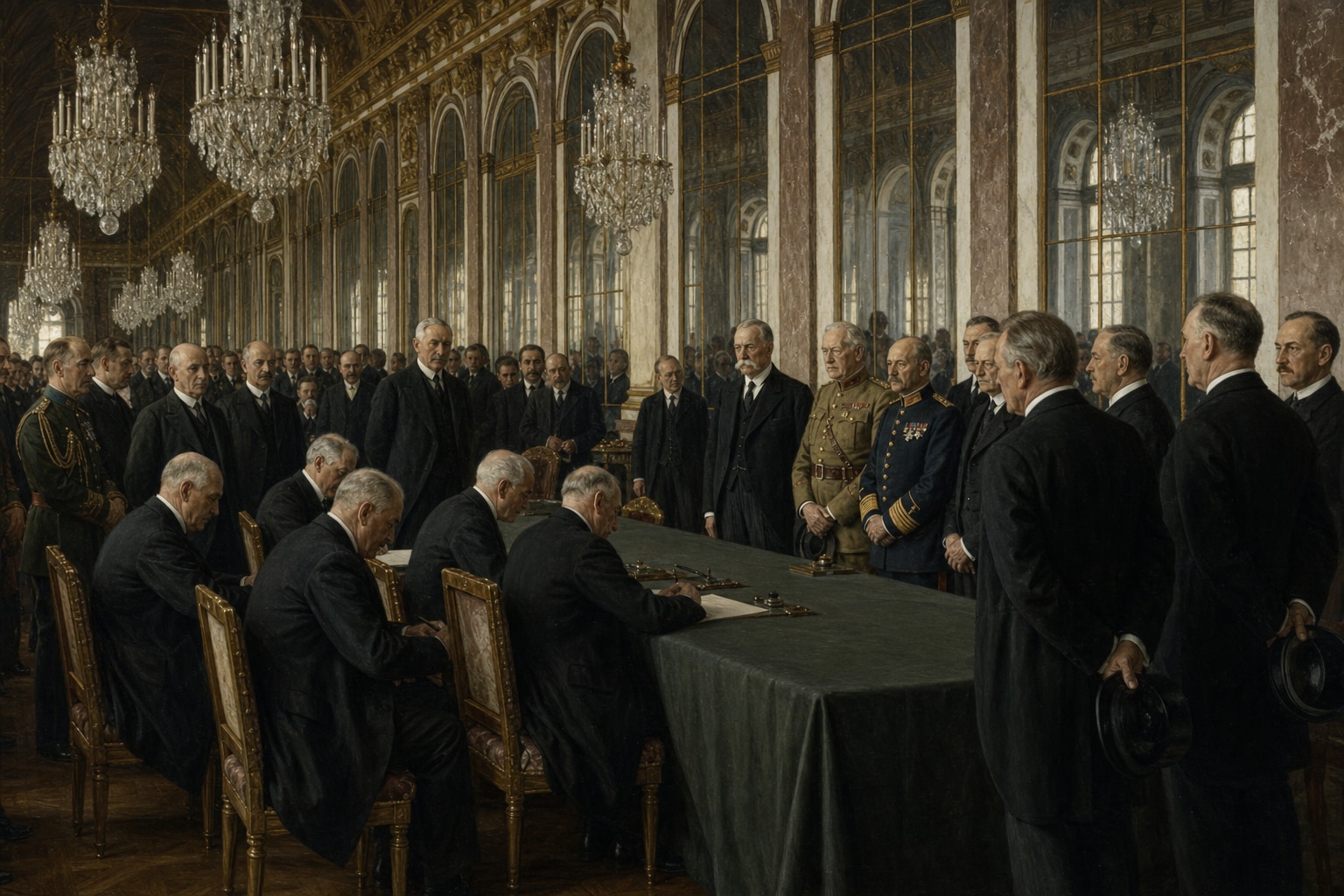 Delegates signing the treaty as representatives observe in the Hall of Mirrors