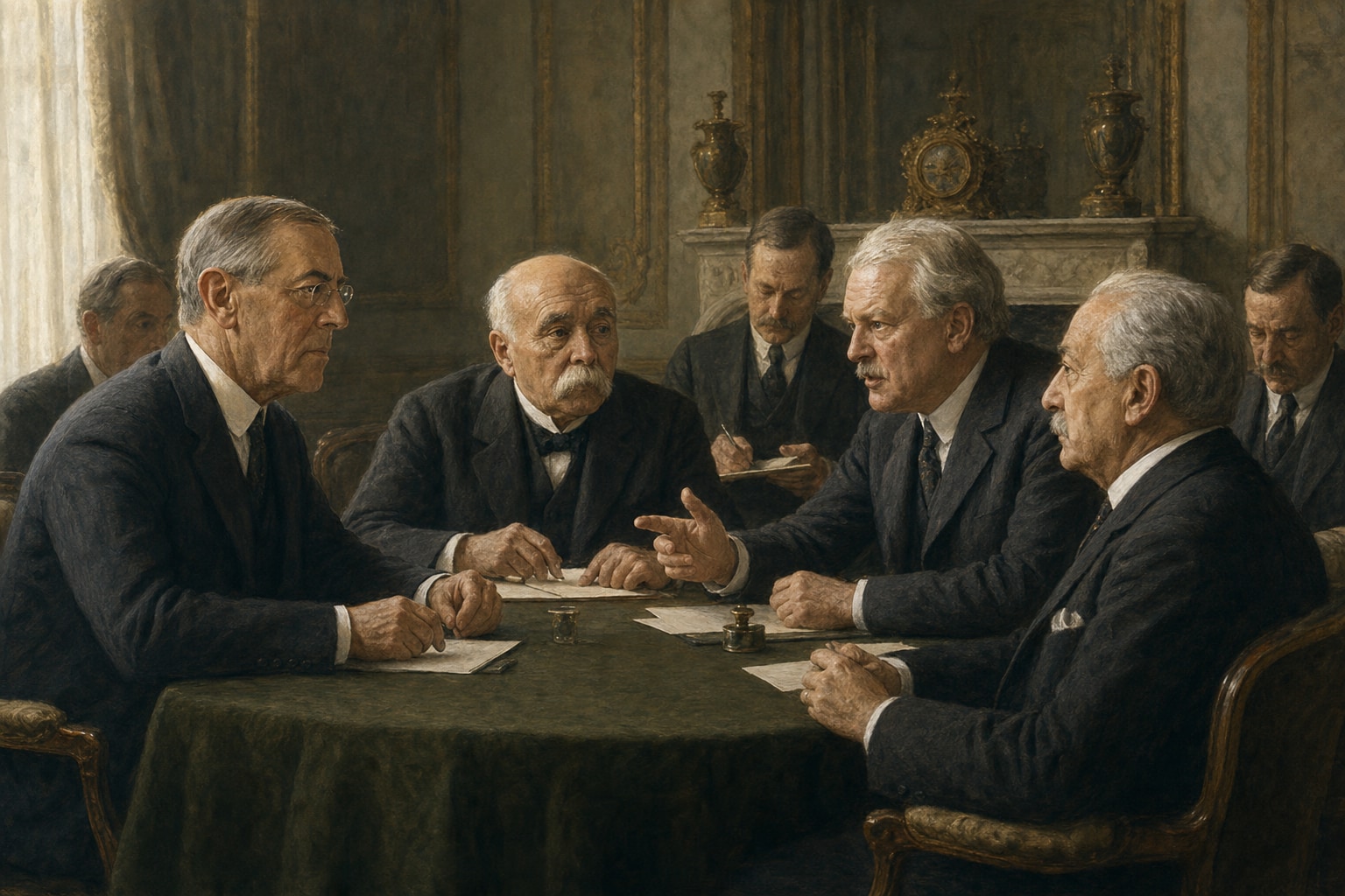 The Council of Four negotiating closely around a table during the Paris Peace Conference