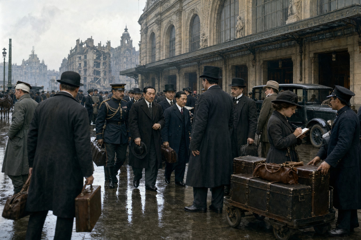 Diplomats and staff arriving with luggage at a crowded Paris railway station after the war