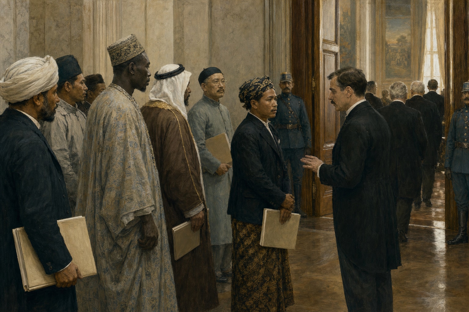 Colonial petitioners from several regions waiting outside closed conference rooms