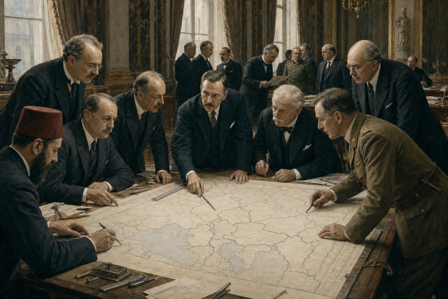 Officials using rulers and dividers around a large unlabeled map while drafting borders and mandates