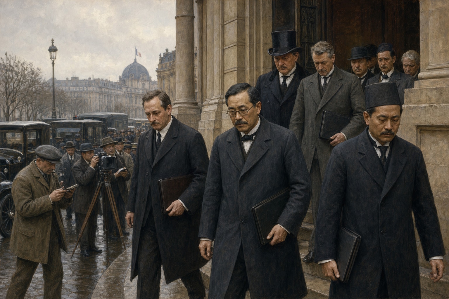 Dissatisfied delegates leaving a Paris conference building with closed portfolios