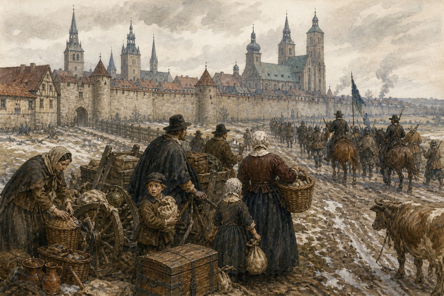 Residents carry belongings through a walled town while seventeenth-century soldiers pass during confessional conflict