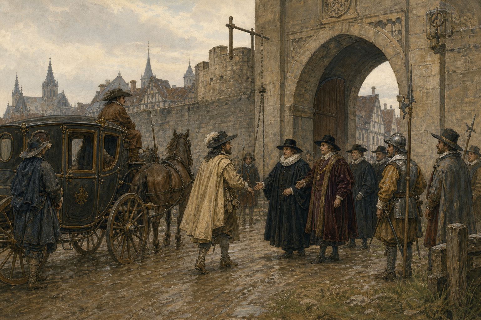 An envoy arrives by coach at a city gate and is received by seventeenth-century officials and guards
