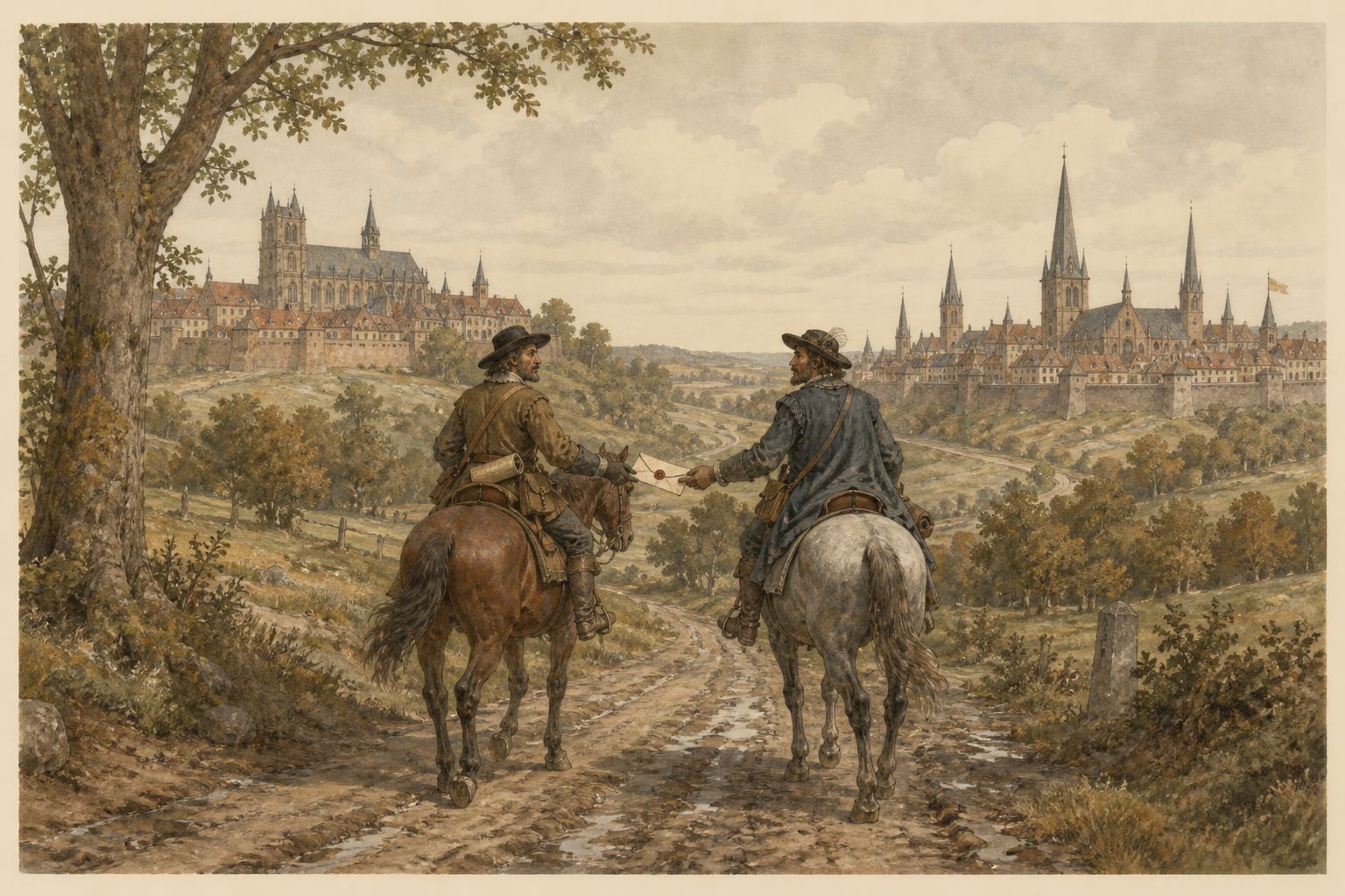 Two messengers exchange a sealed letter on a road with Münster and Osnabrück visible in the distance