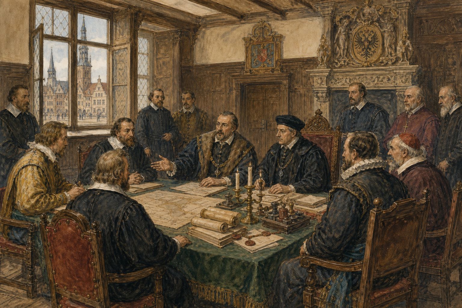 Princes and jurists discuss layered authority around maps and documents in an imperial city hall