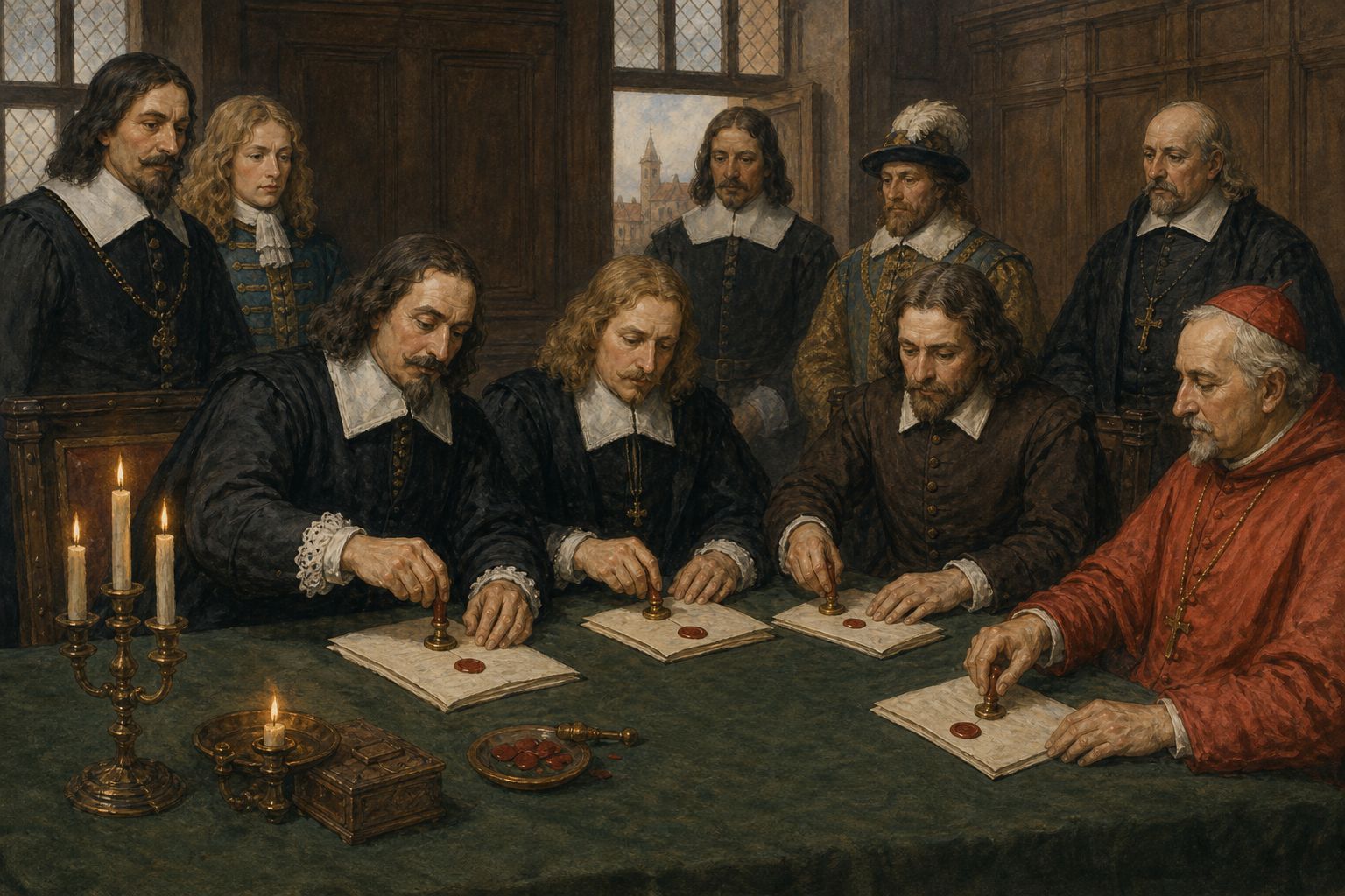 Delegates place wax seals on blank documents at the treaty settlement of 1648