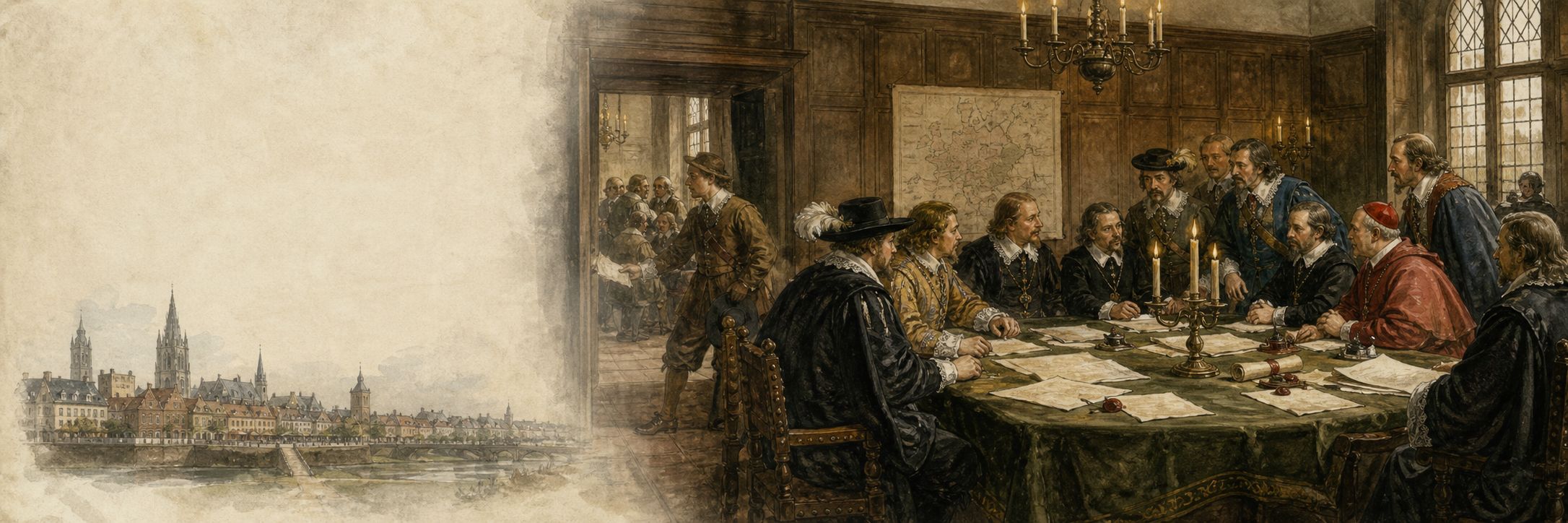 Catholic and Protestant delegates discuss peace around maps and blank documents in Münster in 1648