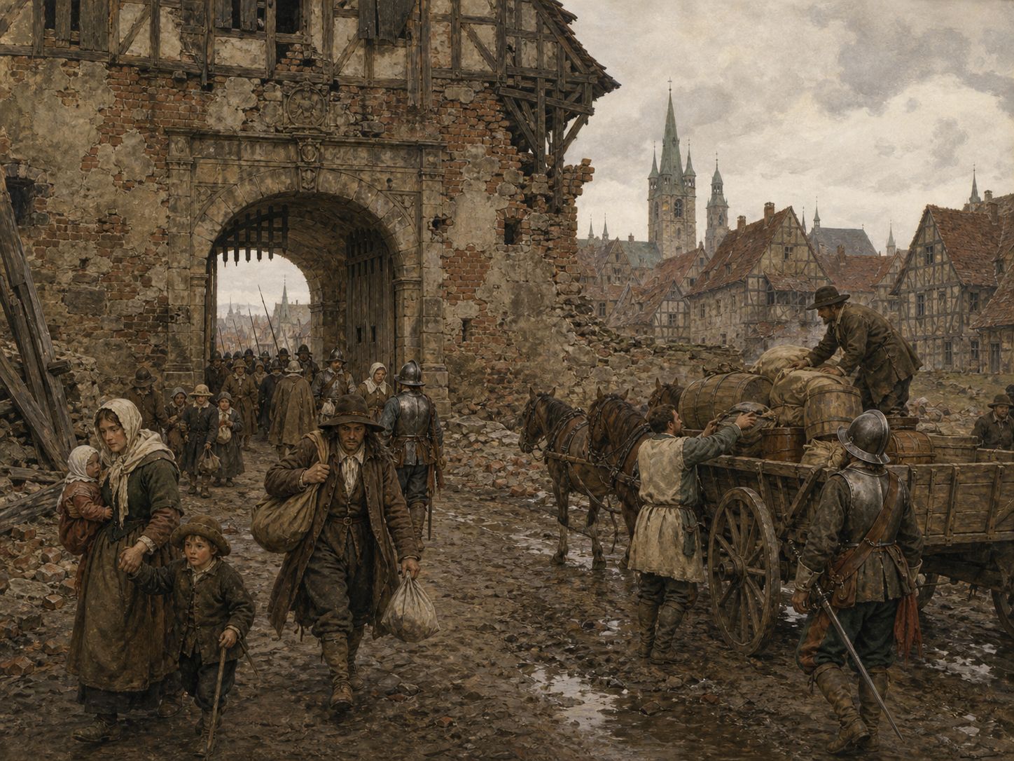 Displaced residents, soldiers, and supply carts pass through a damaged Central European town gate at the end of the Thirty Years' War