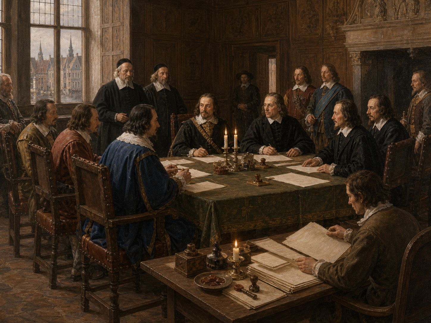 Delegates compare terms around blank papers and wax seals in a wood-panelled Osnabrück room