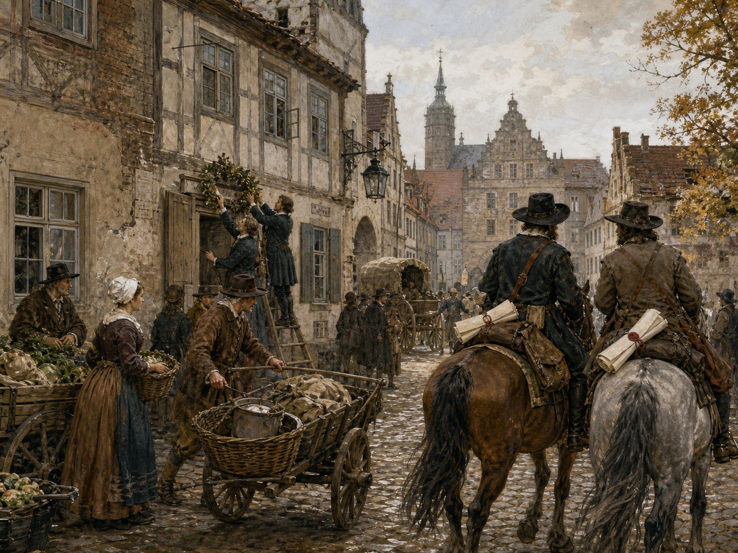Couriers carrying sealed packets depart through a market street in a Westphalian town after the peace