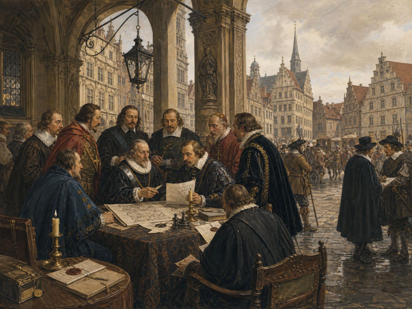 Princes, jurists, and officials discuss overlapping rights beneath the civic hall of an imperial city