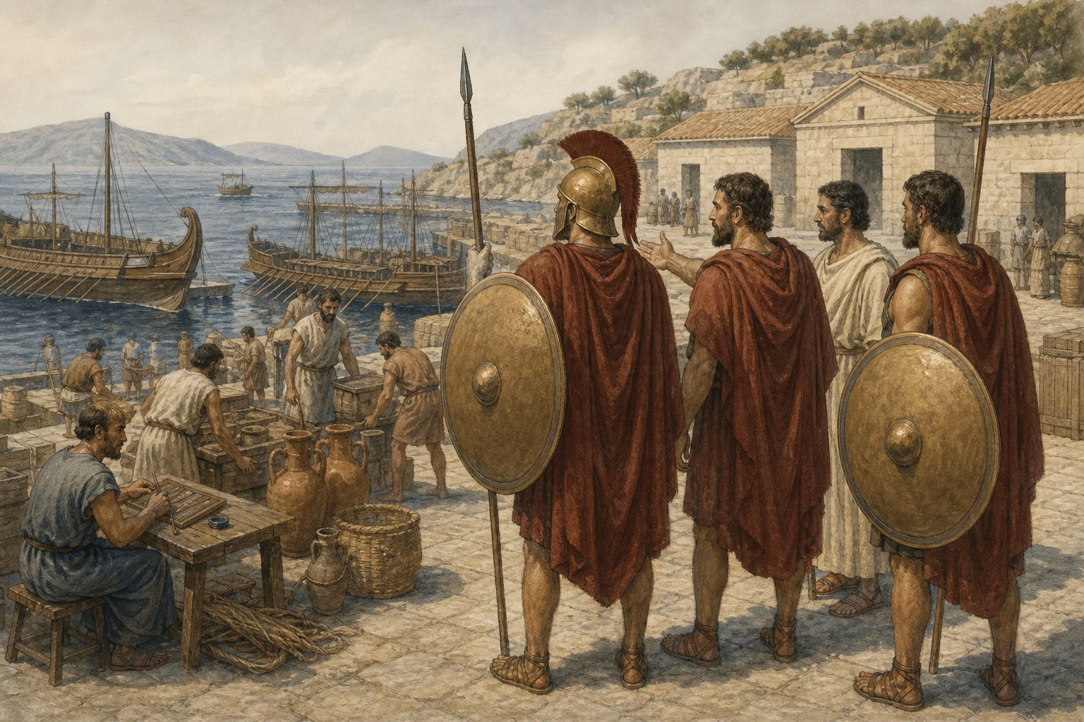 People organize a new order in a harbor market beneath a fortress