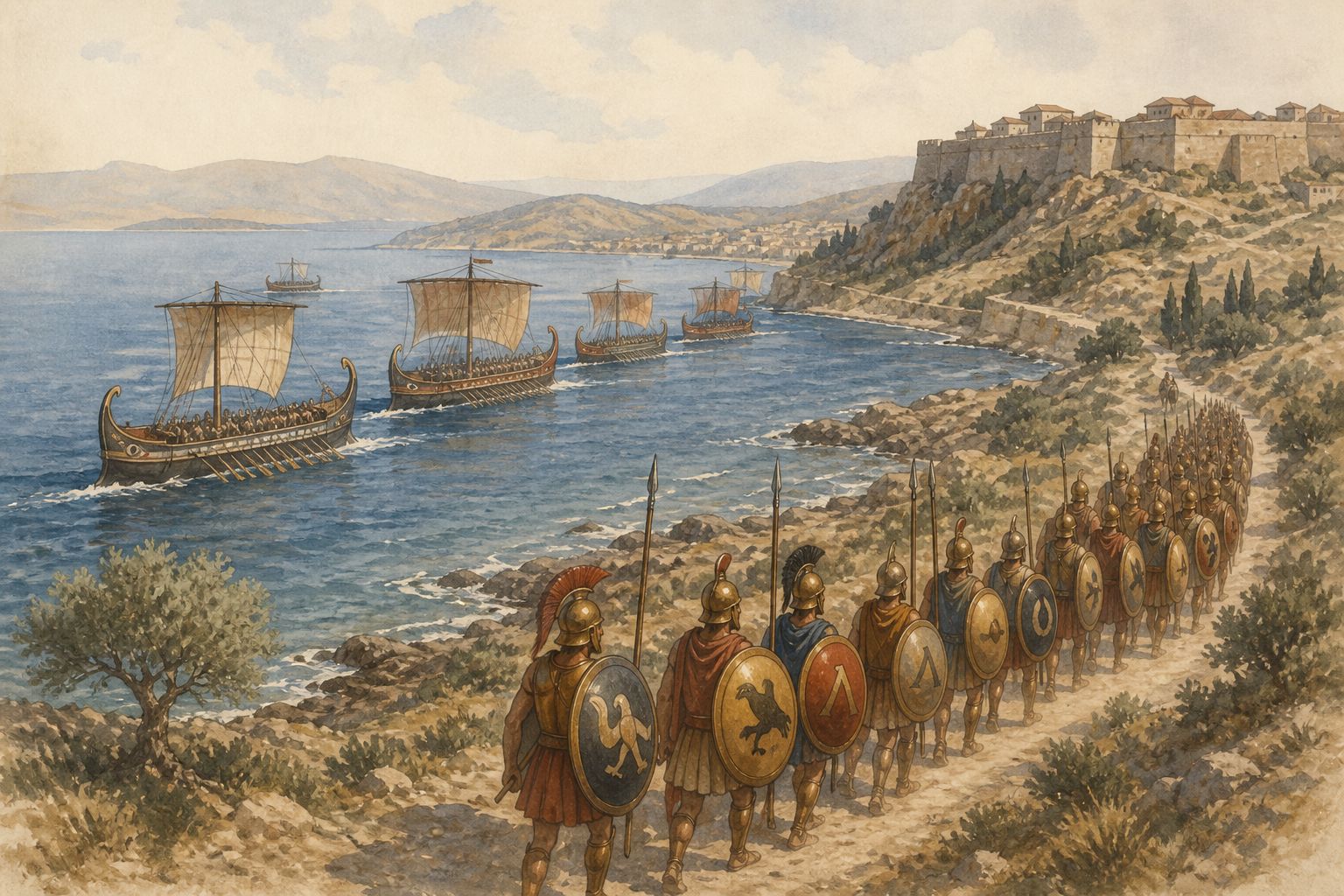Soldiers and pack animals move along a hill above a walled Greek city