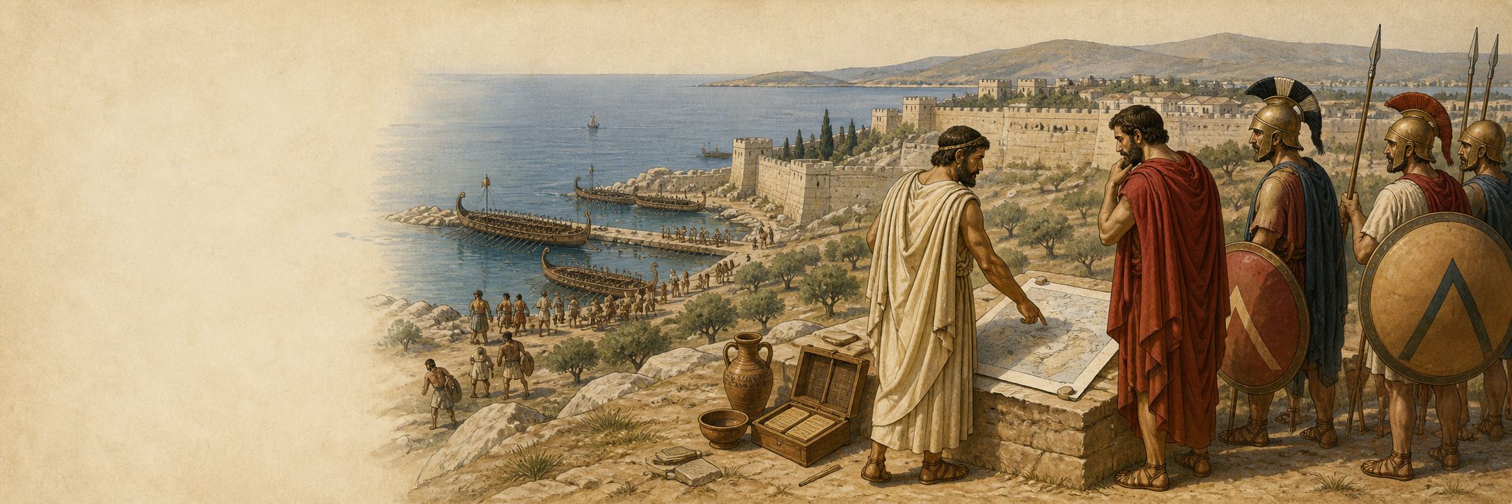 People study a map at an Aegean harbor while discussing the conflict between Athens and Sparta
