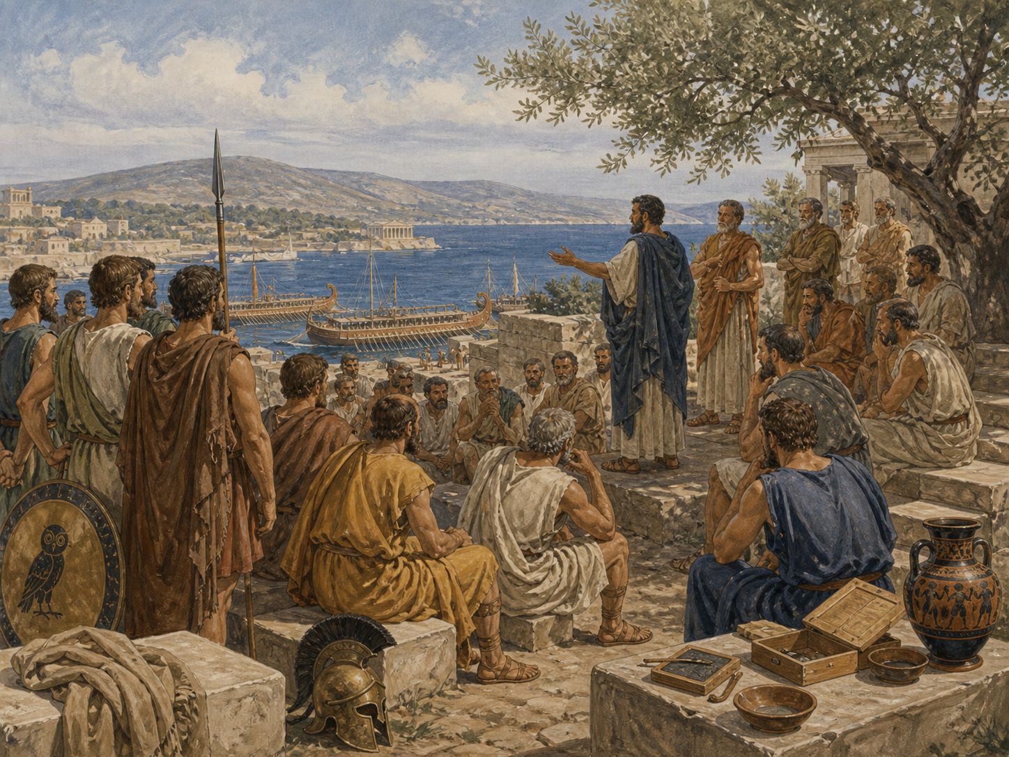 A maritime Athenian city with harbor walls and ships moving through the bay