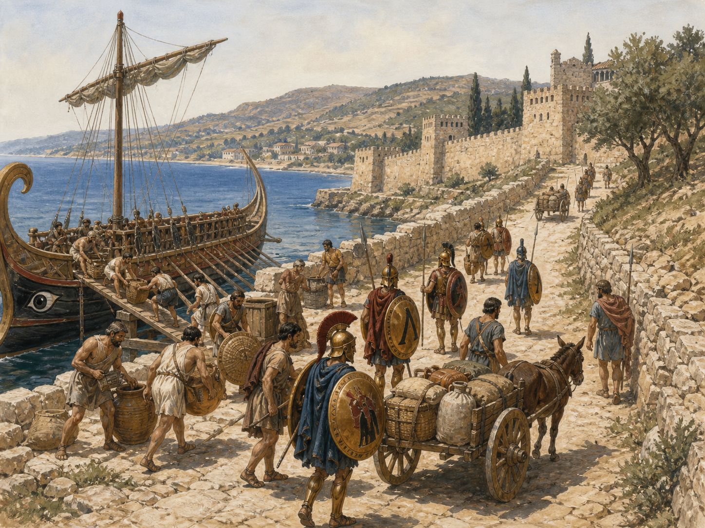 A supply column crosses the Peloponnesian hills toward a distant port