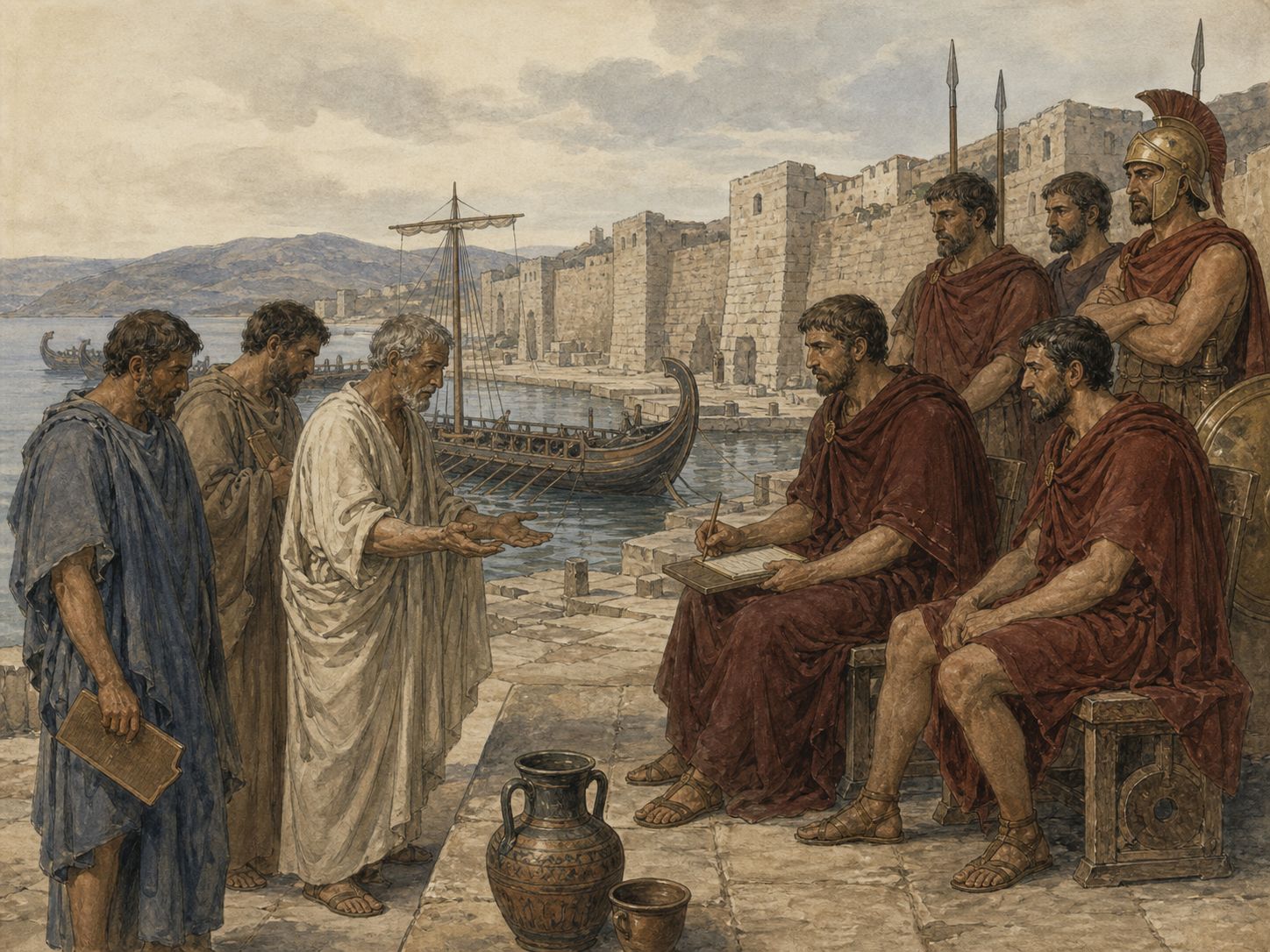 Envoys face one another over a document setting out terms of surrender
