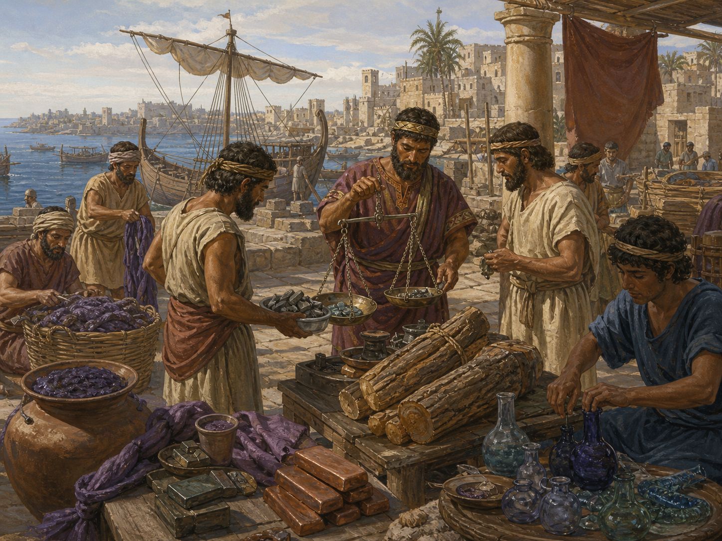 Historical reconstruction of Phoenician Colonization's background: Levantine city-states sought timber, metals, dyes, craft goods, and markets, while established sailing and harbor knowledge connected the eastern Mediterranean to western shores.