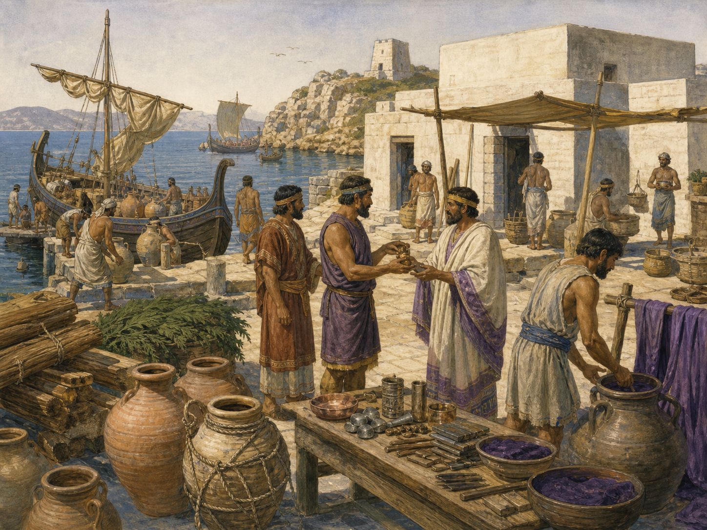 Historical reconstruction of Phoenician Colonization's central action: Phoenician sailors and merchants extended coastal trading posts toward North Africa and Iberia, building hubs such as Carthage through the movement of goods, skills, scripts, and cultural practices.