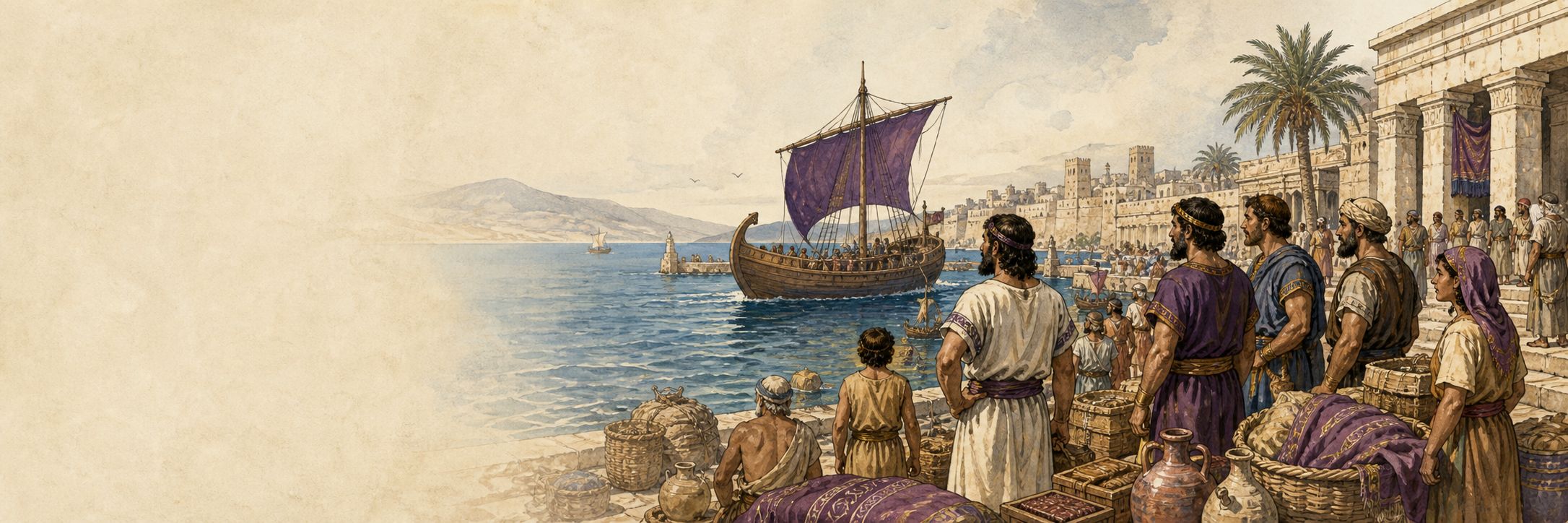 A historical reconstruction of travelers, vessels, and traded goods at the Levantine coast and Mediterranean, showing the setting of Development of the Phoenician Maritime Network