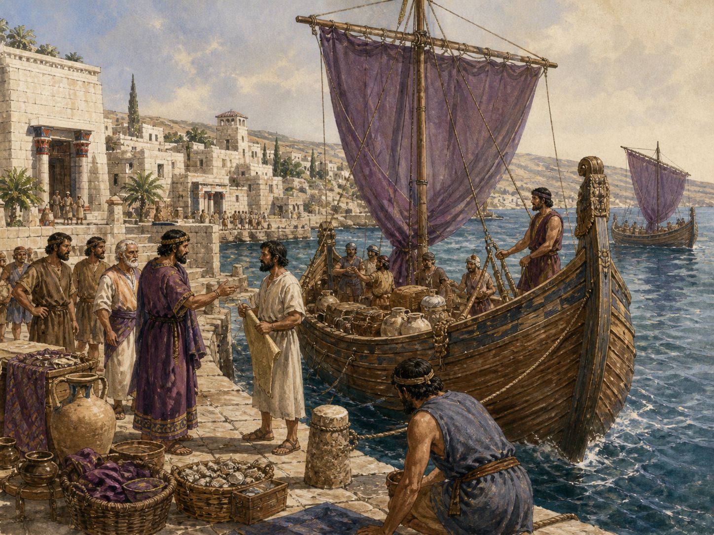 Historical reconstruction of Development of the Phoenician Maritime Network's central action: Phoenician city-states established ports and trading settlements across the Mediterranean, circulating timber, dyes, and crafted goods.
