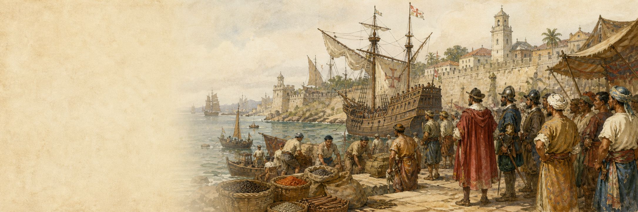 A historical reconstruction of the Malacca Strait port and walls, sailing ships, and spice cargo at Malacca, showing the setting of Portuguese Conquest of Malacca