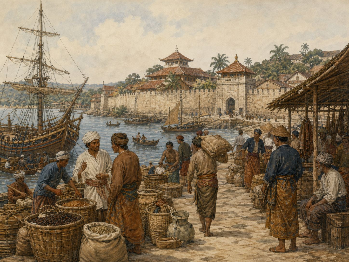 Historical reconstruction of Portuguese Conquest of Malacca's background: In and around Malacca, the setting took shape as Portuguese forces led by Afonso de Albuquerque captured Malacca, a strategic node in maritime trade between East and West.