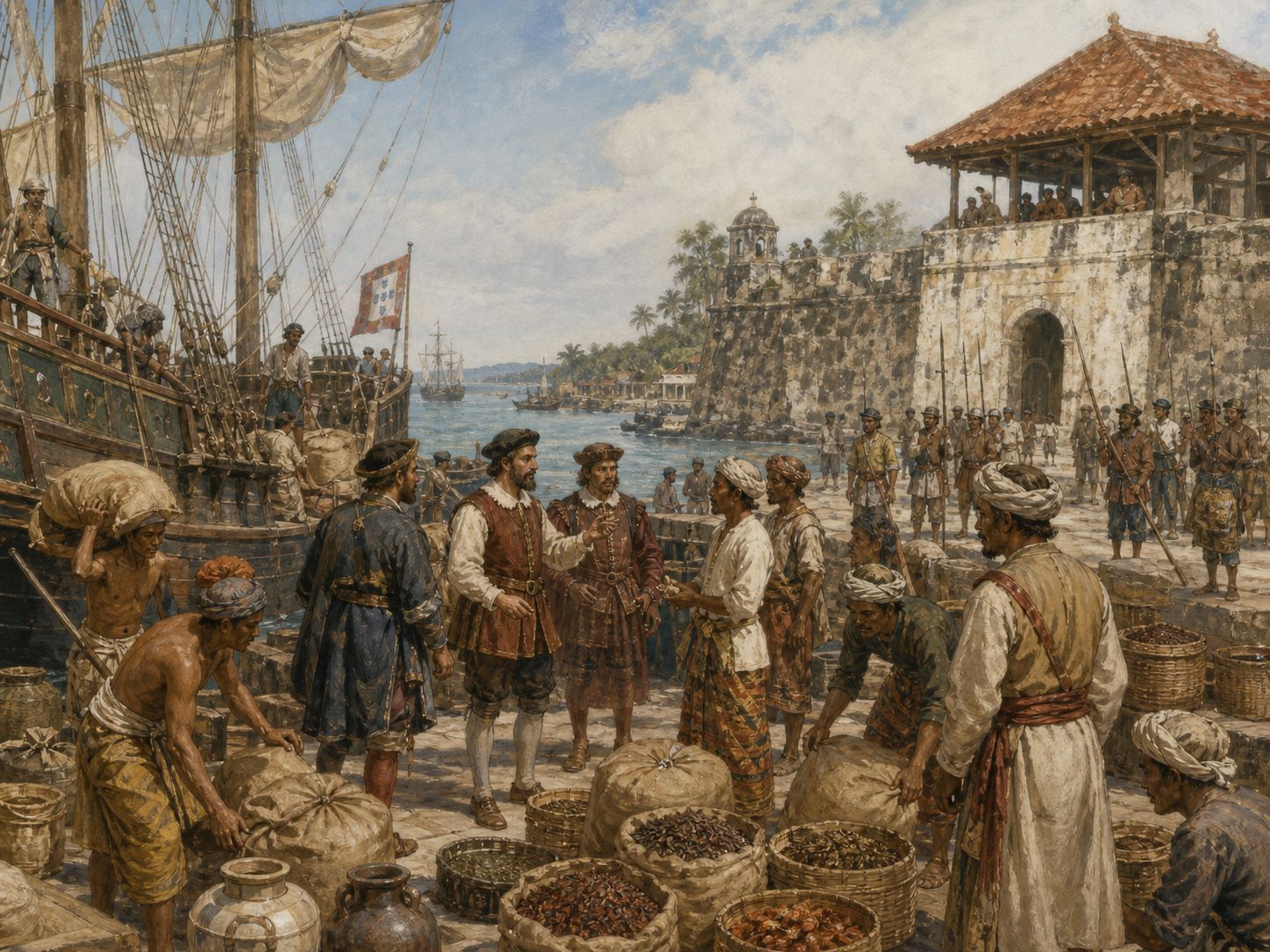 Historical reconstruction of Portuguese Conquest of Malacca's central action: Portuguese forces led by Afonso de Albuquerque captured Malacca, a strategic node in maritime trade between East and West.