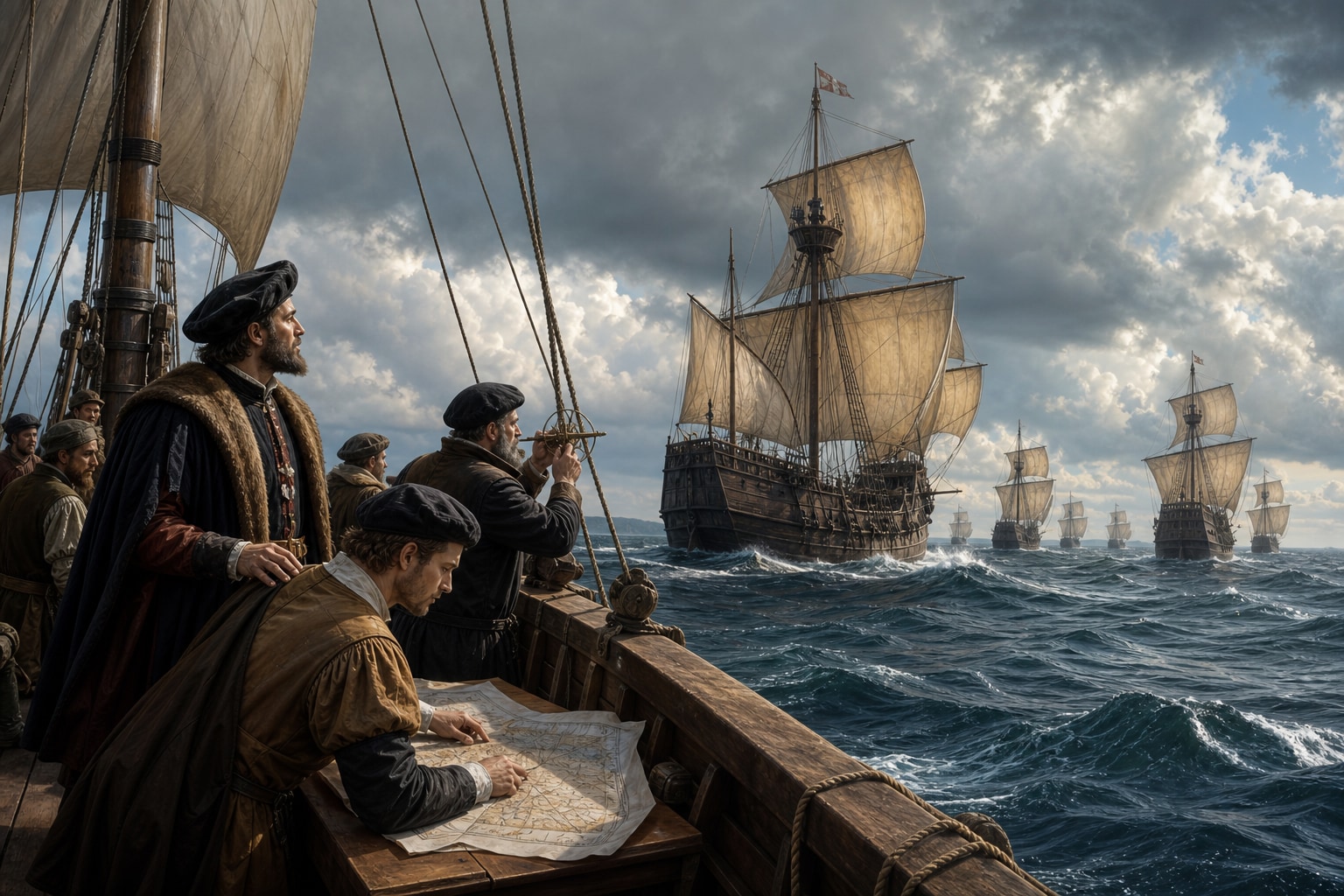 Navigators checking an instrument and chart as Cabral's large fleet crosses open water